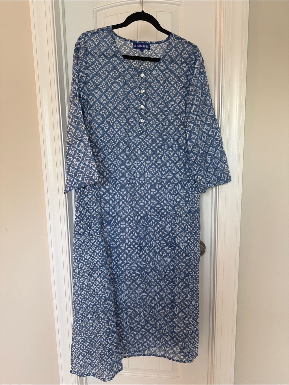 Ro’s Garden Blue Block Print Cotton Long Kurta Tunic Dress Size XL